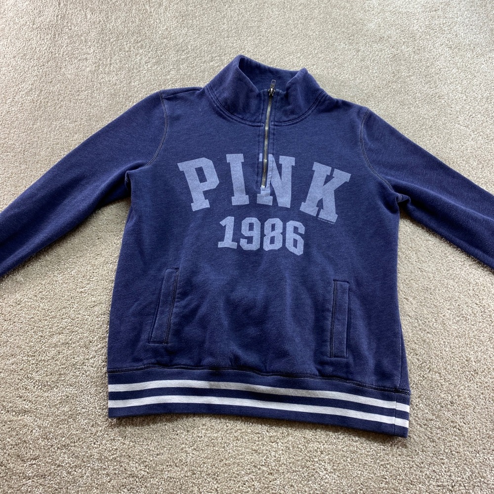 PINK Victoria's Secret Quarter Zip Pullover Womens Small Blue Excellent Striped - Picture 8 of 11